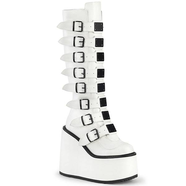 Demonia Women's Swing-815 Knee High Platform Boots - White Vegan Leather D1428-05US Clearance